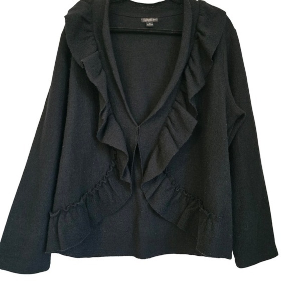 😀Chic Black Wool‎ Ruffle Open Front Cardigan Sweater Jacket Elegant Women's Top